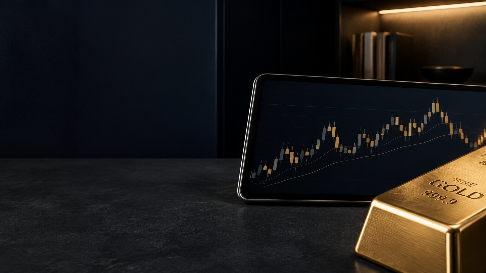 Gold bar and a tablet displaying a restrained market chart